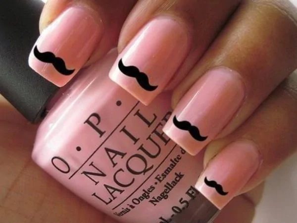 Funny nail art mustaches on pink