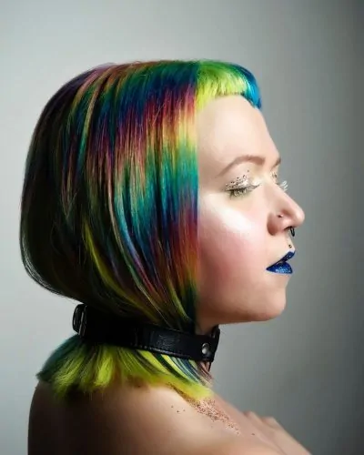 Iridescent hair style with extreme makeup