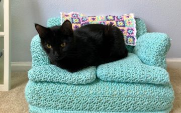 cat sitting on a crocheted miniature sofa
