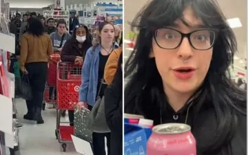 Target customer checks out groceries at in-store Starbucks when a check-out line is too long