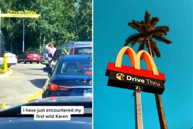 A woman stands in mcdonald's drive-thru to save space for husband's pickup truck